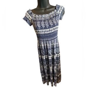 Alya Women's Blue Smocked Handkerchief Paisley Maxi Dress Size Small